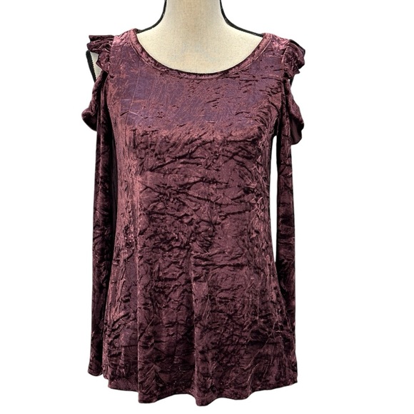 Ultra Flirt Tops - Ultra Flirt Long Sleeve Cold Shoulder Velvet Blouse - Purple - size Small